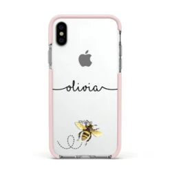 Watercolour Bee With Name IPhone Case -Wrap & Case Store Watercolour Bee with Name Apple iPhone Xs Impact Case Pink Edge on Silver Phone
