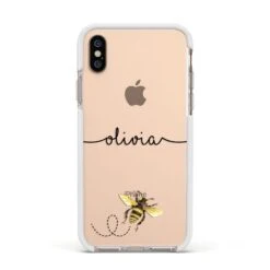 Watercolour Bee With Name IPhone Case -Wrap & Case Store Watercolour Bee with Name Apple iPhone Xs Impact Case White Edge on Gold Phone