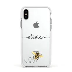 Watercolour Bee With Name IPhone Case -Wrap & Case Store Watercolour Bee with Name Apple iPhone Xs Impact Case White Edge on Silver Phone