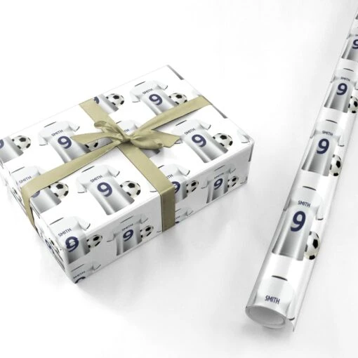 White Blue Personalised Football Shirt Wrapping Paper - Image 3
